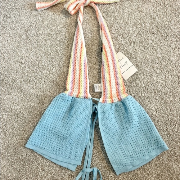 NWT Blue Blush Colorful Knit Crochet Halter Top Open Back Small - Picture 2 of 4